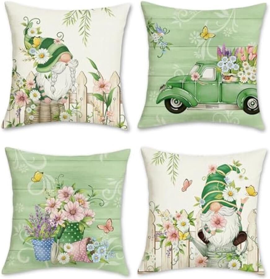Selbro Tuin Bloemen Kussenslopen 45 x 45 cm Kabouters Bloemen Bladeren Truck Groen Decoratieve Kussenslopen voor Slaapbank Thuis Outdoor Decor Set van 4