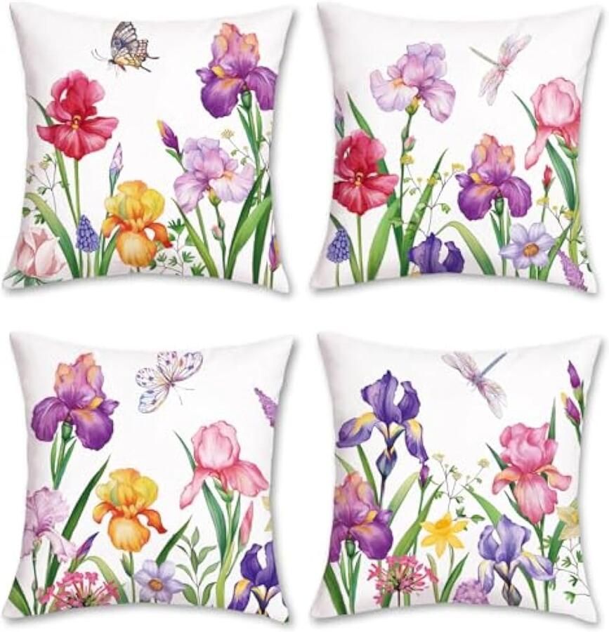 Selbro Tuin Bloemen Kussenslopen 45 x 45 cm Narcis Iris Bloem Decoratieve SierKussenslopen voor Slaapbank Patio Lente Zomer Decor Set van 4
