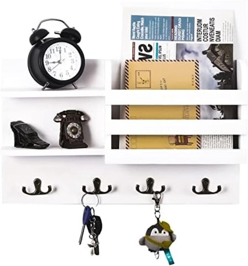 Selbro Wandopbergdoos met Sleutelrek en Plank Houten Wandrek met 4 Haken (Wit)