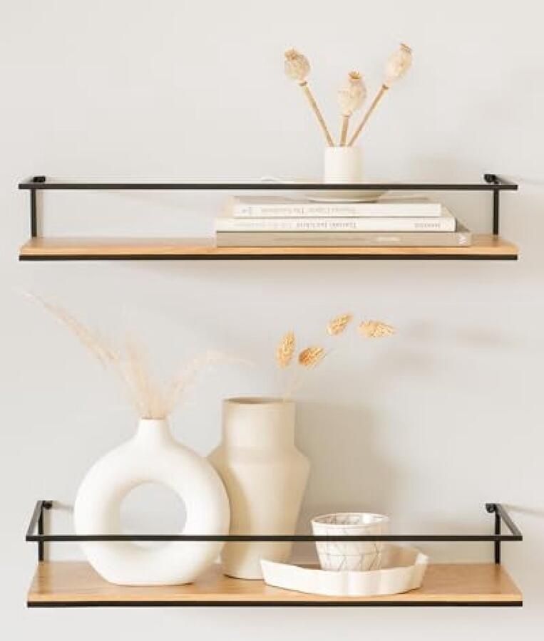 Selbro Wandplanken Set -STENN- Zwevende Planken van Metaal en Echt Houtfineer Houten Planken voor Badkamer Keuken Woonkamer Slaapkamer