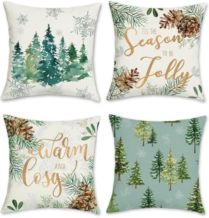 Selbro Winter dennenboom Kussenhoezen 45 x 45 cm dubbelzijdig decoratief Kussenhoezen Kussenslopen voor slaapbank thuis winter vakantie decor set van 4