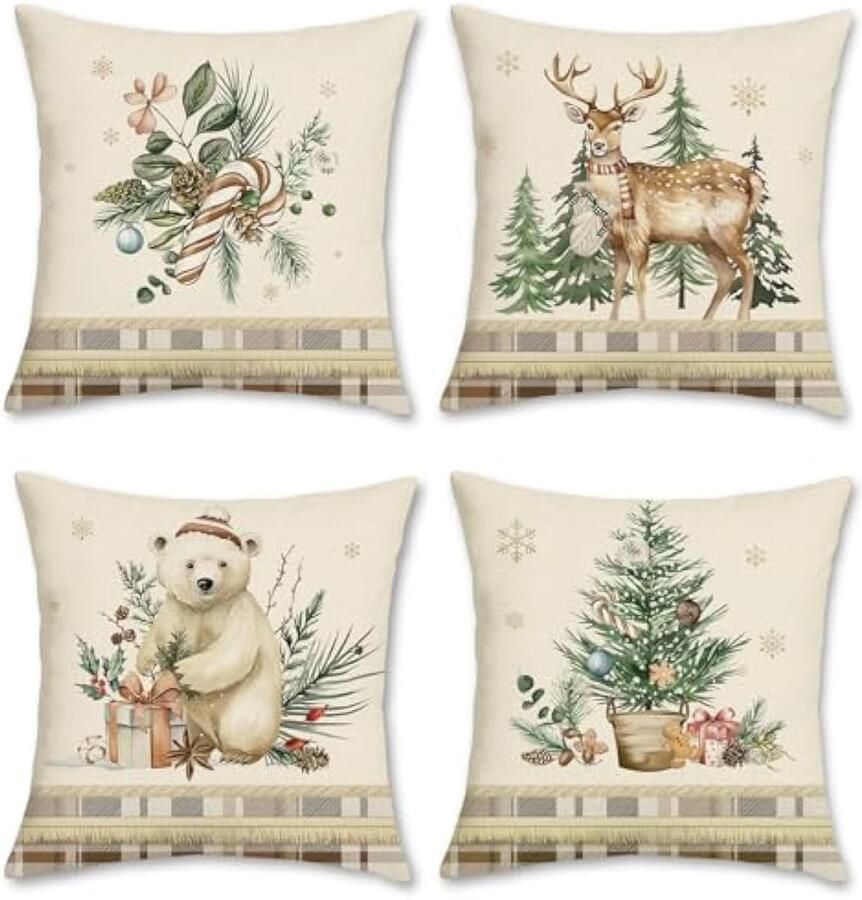 Selbro Winter Kerst Kussenslopen 45 x 45 cm Beer Rendier Dennenbomen Bladeren Plaid Decoratieve SierKussenslopen voor Sofa Bank Bed Thuis Xmas Vakantie Decor Set van 4