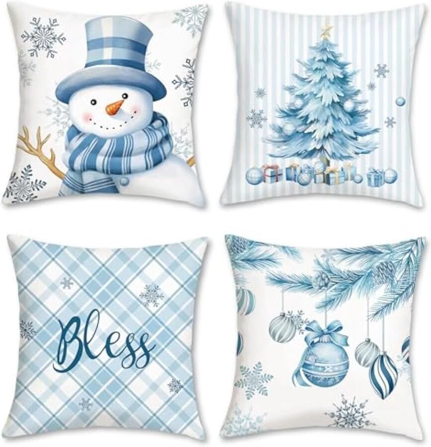 Selbro Winter Kerst Kussenslopen 45 x 45 cm Sneeuwpop Kerstboom Sneeuwvlokken Strepen Plaid Blauw Decoratieve SierKussenslopen voor Sofa Bank Bed Thuis Xmas Vakantie Decor Set van 4