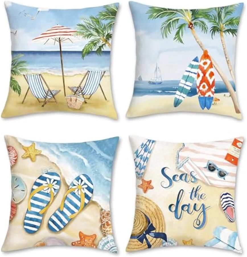 Selbro ZomerstrandKussenslopen 45 x 45 cm zeester surfplank palmboom kustlandschap decoratieve Kussenslopen zachte fluwelen Kussenslopen voor bank terras woondecoratie set van 4