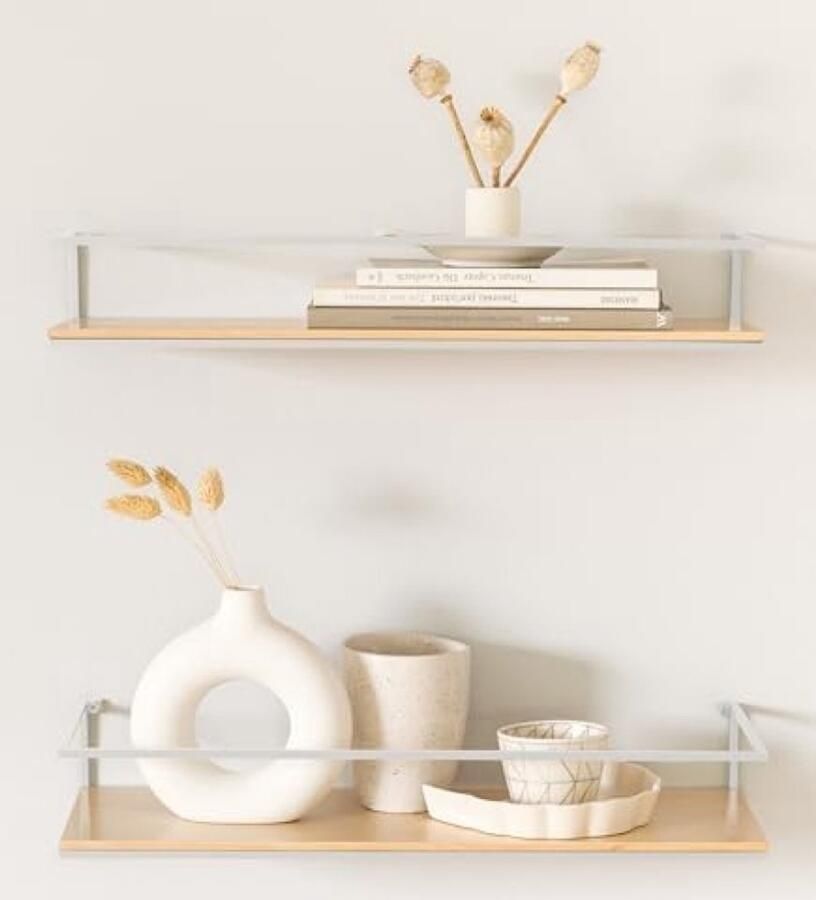 Selbro Zwevende Wandplanken Set -STENN- Metaal en Echt Houtfineer Badkamer Keuken Woonkamer Slaapkamer Berken Wit