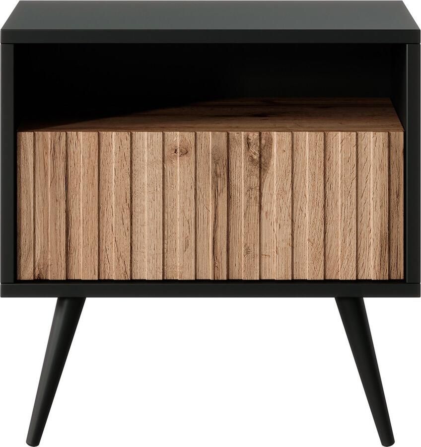 Selsey Bello Nachtkastje met lade en lamellenfront Zwart eiken wotan