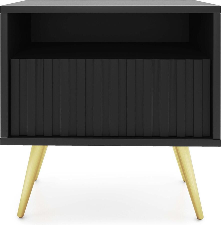 Selsey Bello Nachtkastje met lade met lamellenfront Zwart met gouden poten