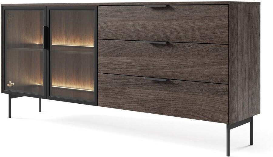 Selsey Lumi – Dressoir met 2 deuren glazen fronten 3 lades en LED-verlichting eik Dunin 181 cm