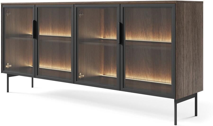 Selsey Lumi – Dressoir met 4 deuren glazen fronten en LED-verlichting eik Dunin 181 cm