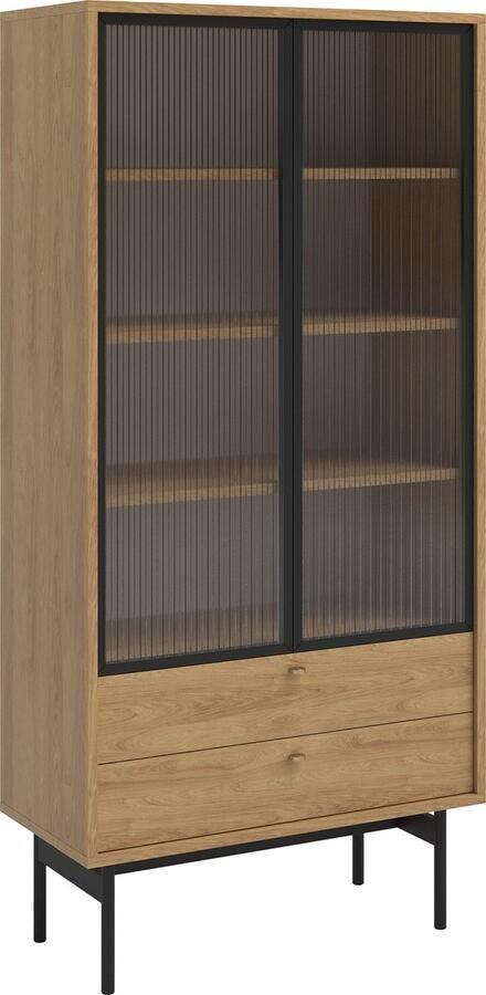 Selsey OLAR Hoge vitrinekast met vier planken en twee lades 85 cm Natuurlijke hikora