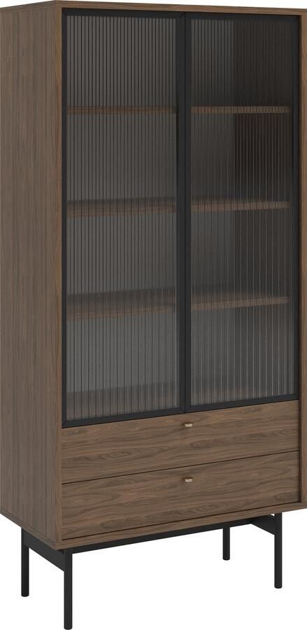 Selsey OLAR Hoge vitrinekast met vier planken en twee lades 85 cm Carini Natuurlijke notenhout