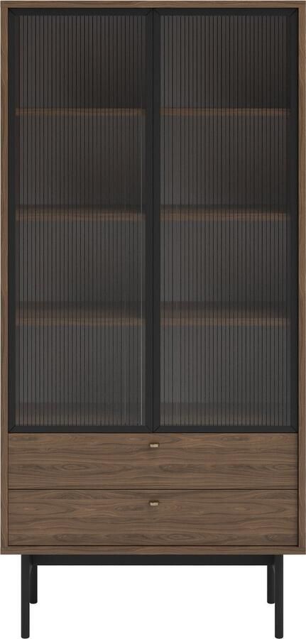 Selsey OLAR Hoge vitrinekast met vier planken en twee lades 85 cm Carini Natuurlijke notenhout - Foto 2