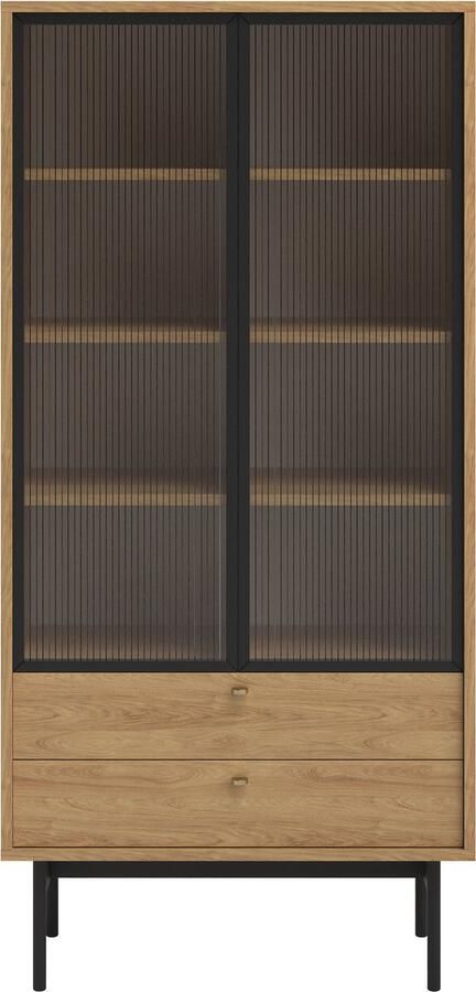 Selsey OLAR Hoge vitrinekast met vier planken en twee lades 85 cm Natuurlijke hikora - Foto 2