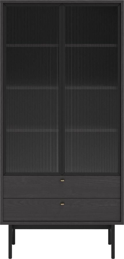 Selsey OLAR Hoge vitrinekast met vier planken en twee lades 85 cm Zwart Portland essenhout - Foto 2