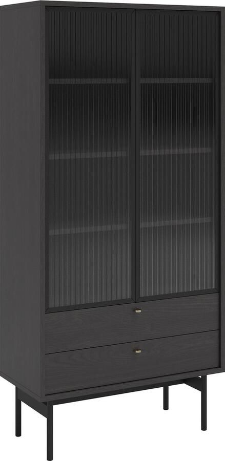 Selsey OLAR Hoge vitrinekast met vier planken en twee lades 85 cm Zwart Portland essenhout