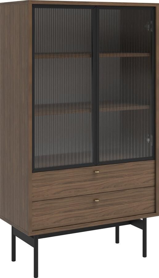 Selsey OLAR Lage vitrinekast met drie planken en twee lades 85 cm Natuurlijk Carini notenhout