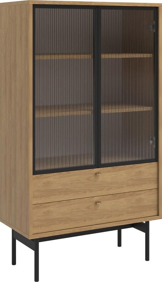 Selsey OLAR Lage vitrinekast met drie planken en twee lades 85 cm Natuurlijke hickory