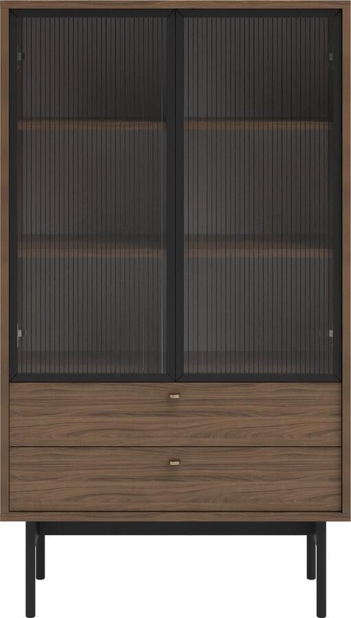 Selsey OLAR Lage vitrinekast met drie planken en twee lades 85 cm Natuurlijk Carini notenhout - Foto 2