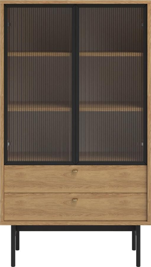 Selsey OLAR Lage vitrinekast met drie planken en twee lades 85 cm Natuurlijke hickory - Foto 2