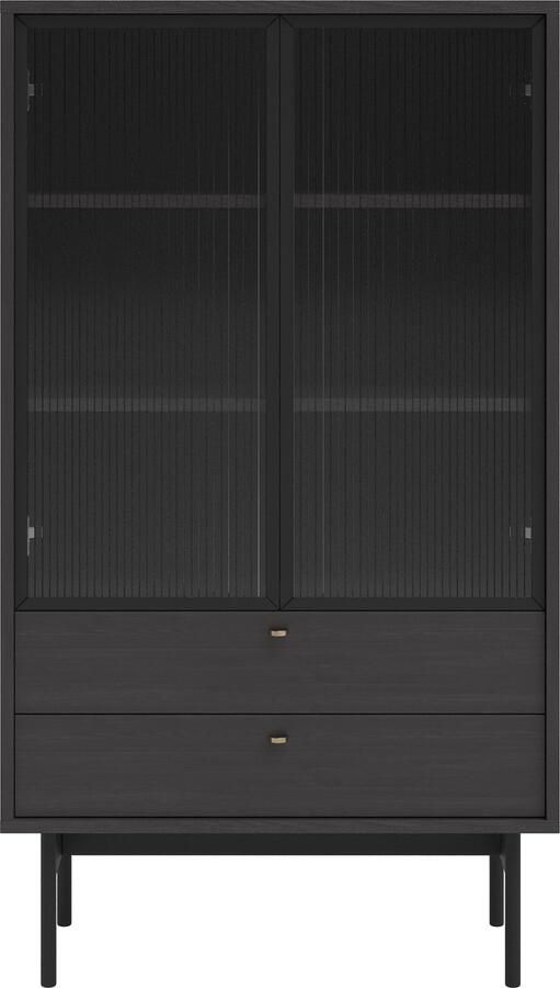 Selsey OLAR Lage vitrinekast met drie planken en twee lades 85 cm Zwart Portland essenhout - Foto 2