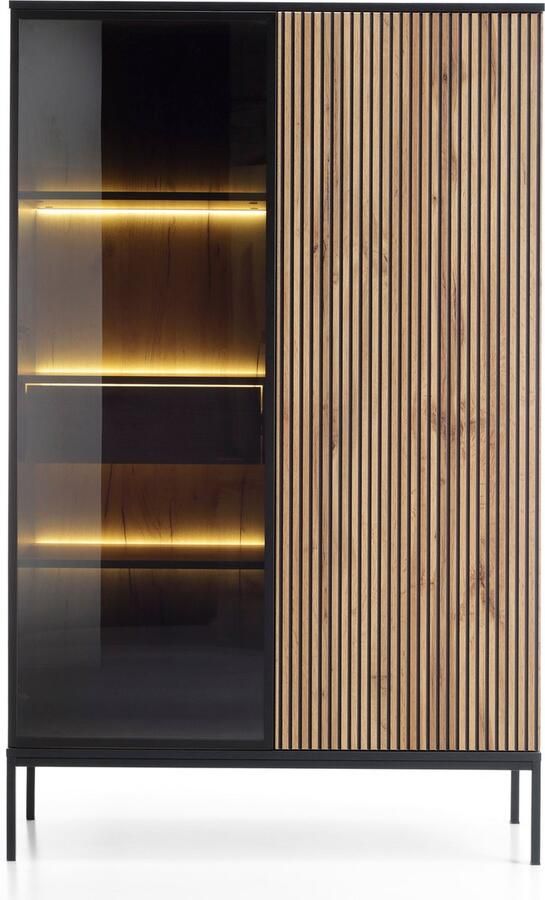 Selsey Tosena Hoge vitrinekast met verlichting 104 cm Zwart Wotan eik