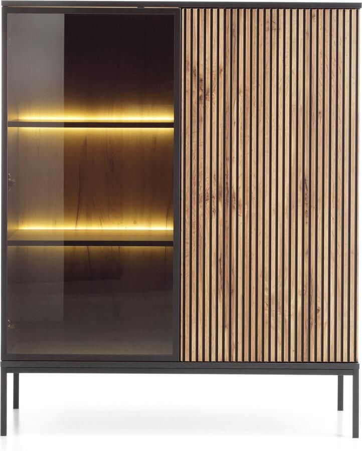 Selsey Tosena Tweedeurs vitrinekast met verlichting 104 cm Zwart Wotan eiken