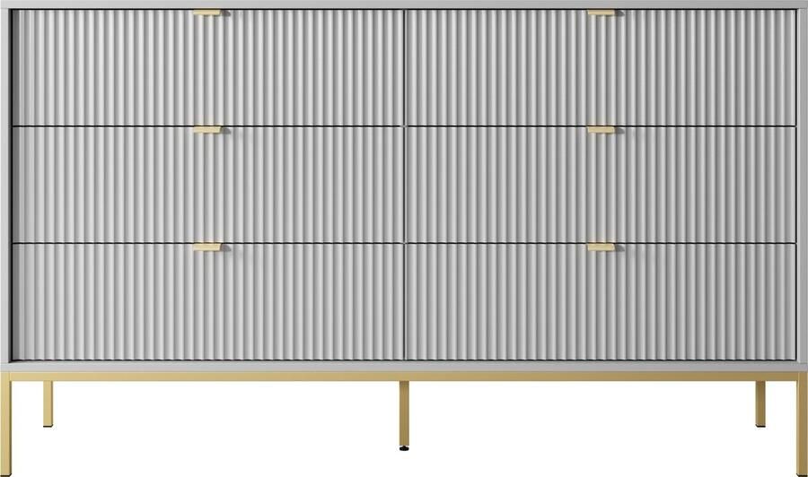 Selsey Vellore Commode met zes laden 154 cm grijs met gecanneleerde fronten en goudkleurig frame