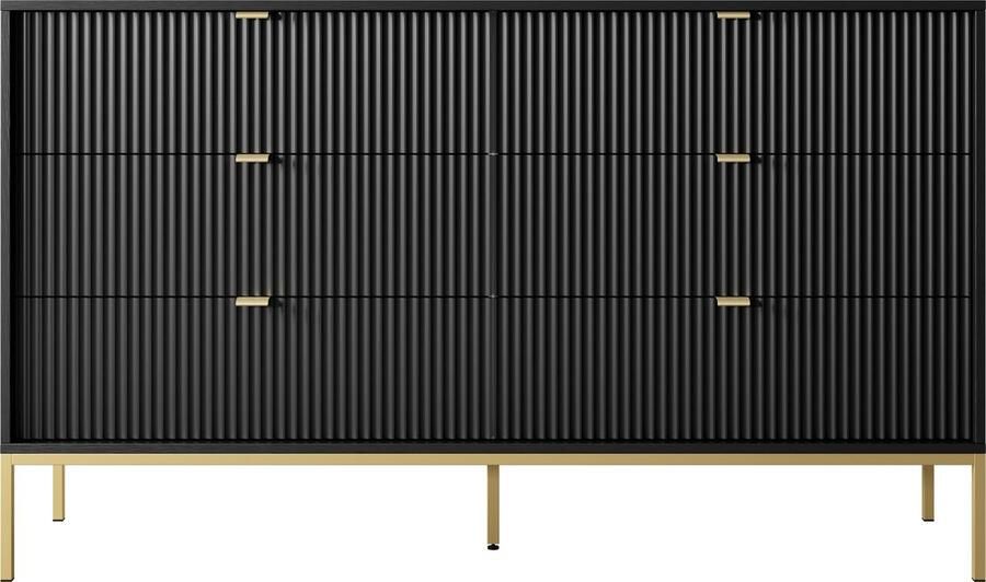 Selsey Vellore Commode met zes laden 154 cm zwart met geribbelde fronten en goudkleurige lijst