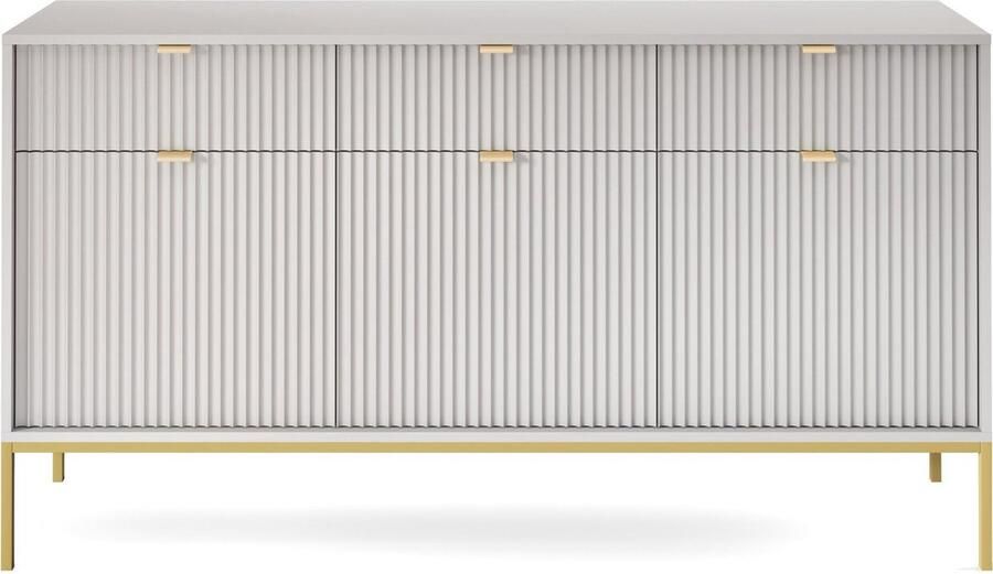 Selsey Vellore driedeurs commode 154 cm grijs met gecanneleerde fronten en goudkleurige omlijsting