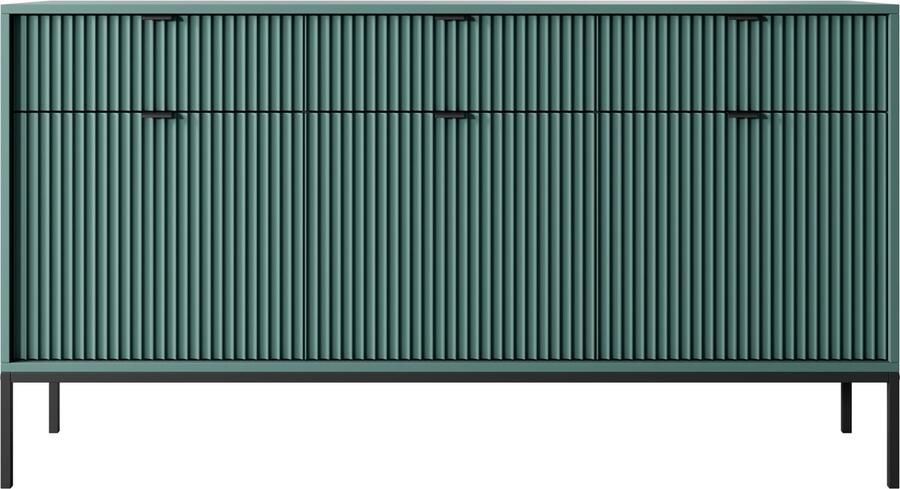 Selsey Vellore driedeurs commode 154 cm groen met geribbelde fronten zwarte handgrepen en frame