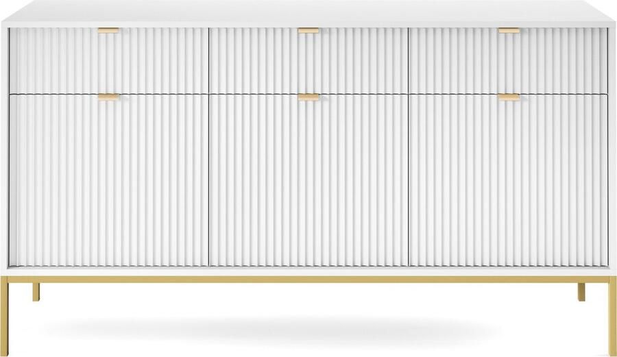 Selsey Vellore driedeurs commode 154 cm wit met gecanneleerde fronten en goudkleurige omlijsting