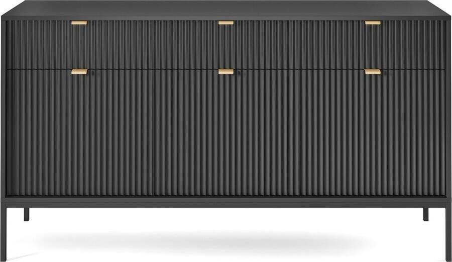 Selsey Vellore driedeurs commode 154 cm zwart met gecanneleerde fronten en goudkleurige handgrepen