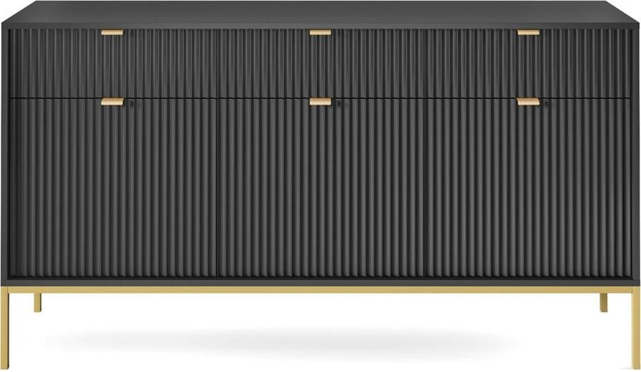 Selsey Vellore driedeurs commode 154 cm zwart met gecanneleerde fronten en goudkleurige omlijsting