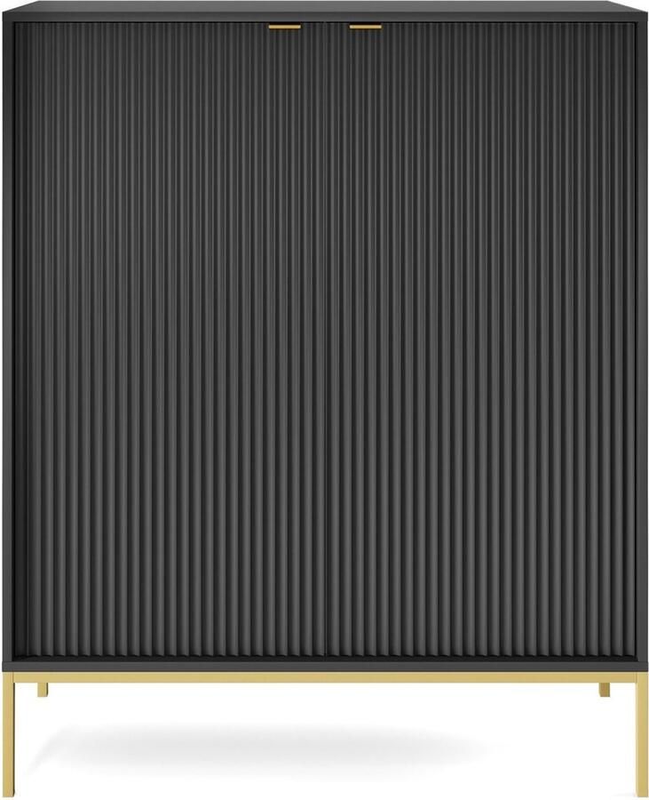 Selsey Vellore Hoge ladekast zwart met gecanneleerde fronten en goudkleurig frame