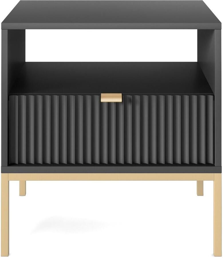 Selsey Vellore Nachtkastje 54 cm zwart met gegroefd front en gouden frame