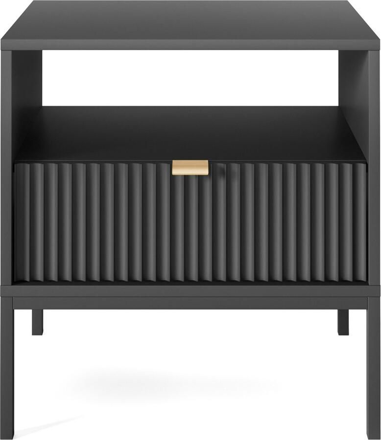 Selsey Vellore Nachtkastje 54 cm zwart met geribbelde front en gouden handvat