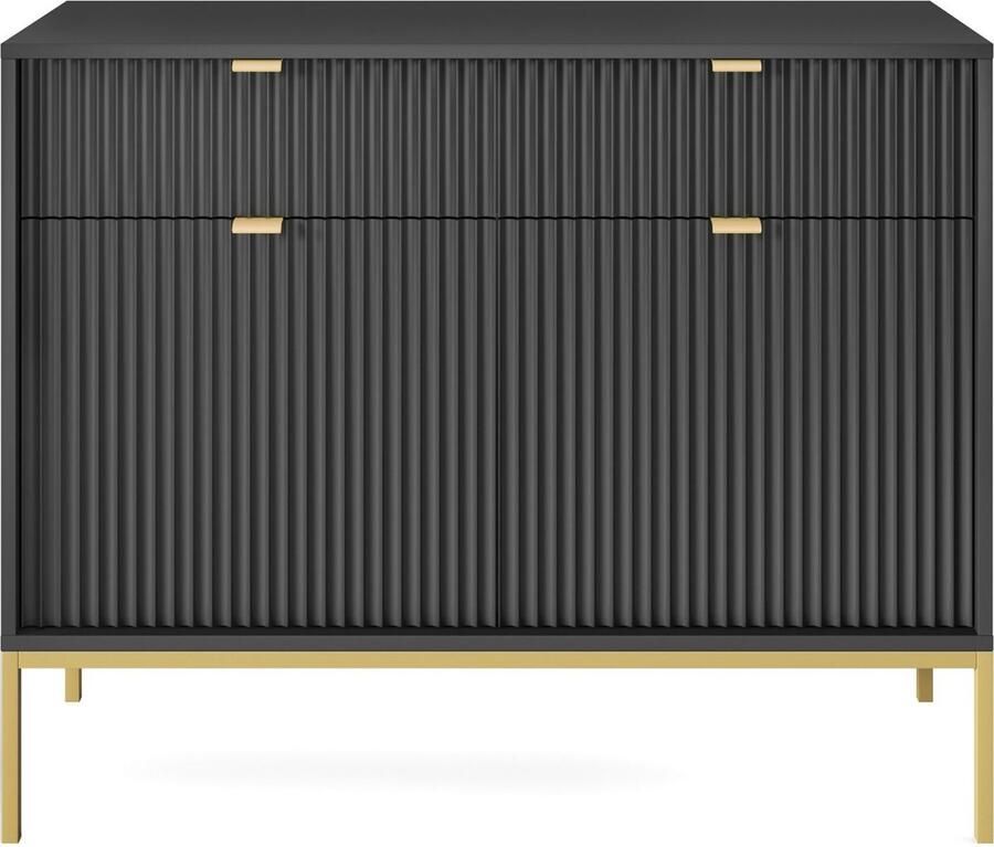 Selsey Vellore tweedeurs ladekast 104 cm zwart met gecanneleerde fronten en goudkleurige omlijsting