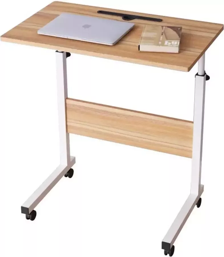 Selwo In hoogte verstelbare laptoptafel computertafel met tablet-sleuf 60 x 40 cm pc-tafel banktafel bijzettafel met wieltjes eiken