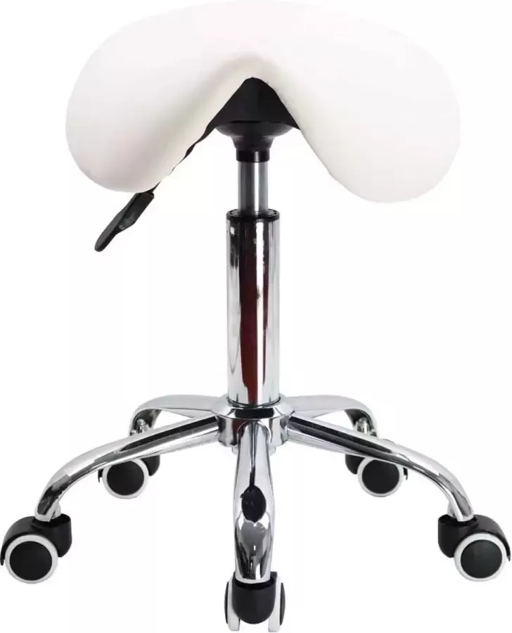 Selwo Zadelkruk rolkruk met wielen in hoogte verstelbare draaikruk werkkruk keukenkruk kruk voor kantoorsalon massage spa (wit zonder rugleuning)