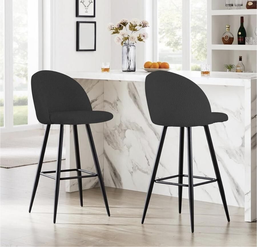 Senella barkrukken Set van 2 Donkergrijze barstoel Keukenstoelen met rugleuning en voetsteun Robuust metalen frame Comfortabele stoffen zachte zitting zithoogte 73 cm