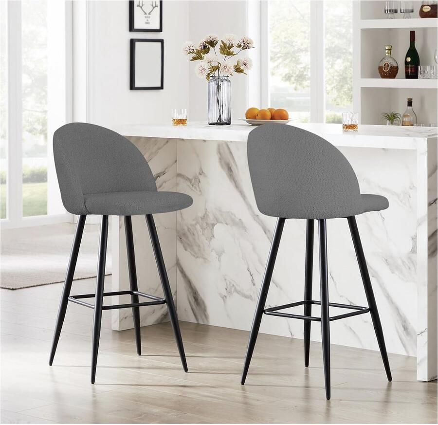 Senella barkrukken Set van 2 Lichtgrijze barstoel Keukenstoelen met rugleuning en voetsteun Robuust metalen frame Comfortabele stoffen zachte zitting zithoogte 73 cm