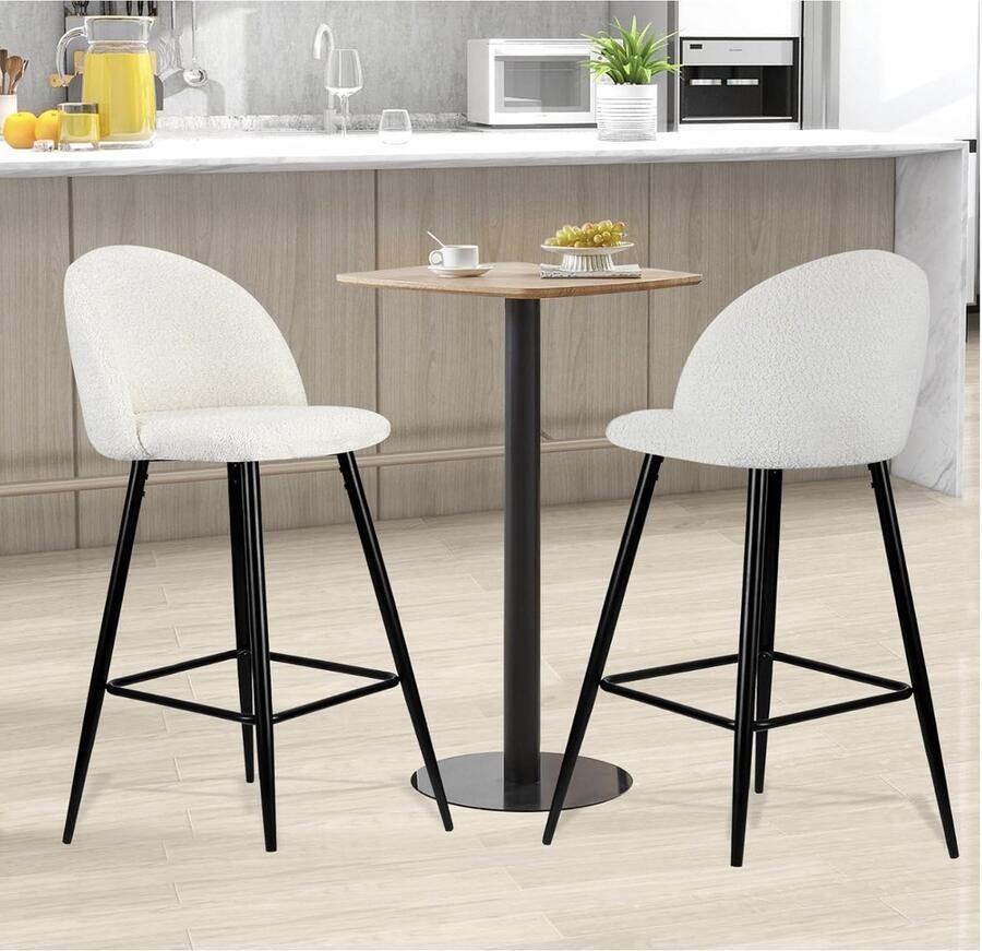 Senella barkrukken Set van 2 Witte barstoel Keukenstoelen met rugleuning en voetsteun Robuust metalen frame Comfortabele stoffen zachte zitting zithoogte 73 cm