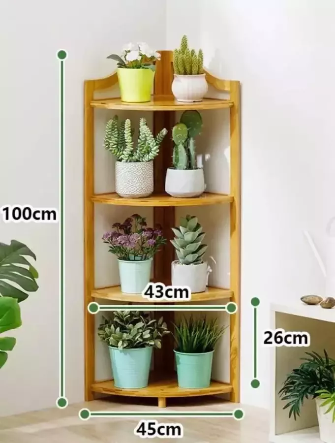 SensaHome Hoekrek Badkamer Rek met 4 Etages Houten Rek voor Keuken Planten Boeken 1 Meter Hoog