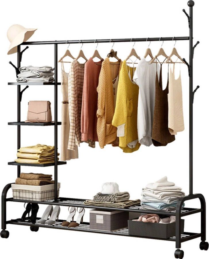 SensaHome Kledingrek op Wielen Kleding Organizer Simpel Multifunctioneel Modern Industrieel Met Schoenenrek Ruimte voor Kledinghangers Kapstok Legborden Slaapkamer Garderobe Hangrek Schoenenrek Kleding Organizer