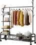 SensaHome Kledingrek op Wielen Kleding Organizer Simpel Multifunctioneel Modern Industrieel Met Schoenenrek Ruimte voor Kledinghangers Kapstok Legborden Slaapkamer Garderobe Hangrek Schoenenrek Kleding Organizer - Thumbnail 1