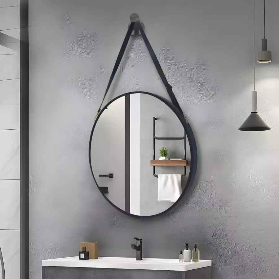 SensaHome Moderne Minimalistische Design Wandspiegel Bed- Bad en Slaapkamerspiegel Metaal Make-up Spiegel Met Decoratieband Zwart 50 x 50 x 3 CM