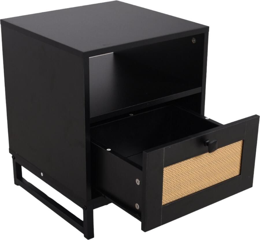 SensaHome Japandi Houten Nachtkastje met Rotan Onderkant Klassiek en Elegant 40x40x50cm Robuust en Compact Zwart