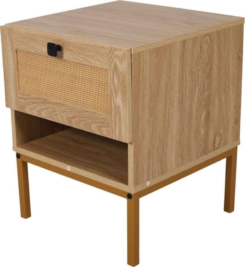 SensaHome Nachtkastje Japandi 4 Poten Antiek met Rotan Bovenkant 40x40x50cm- 8.7 kg Hout