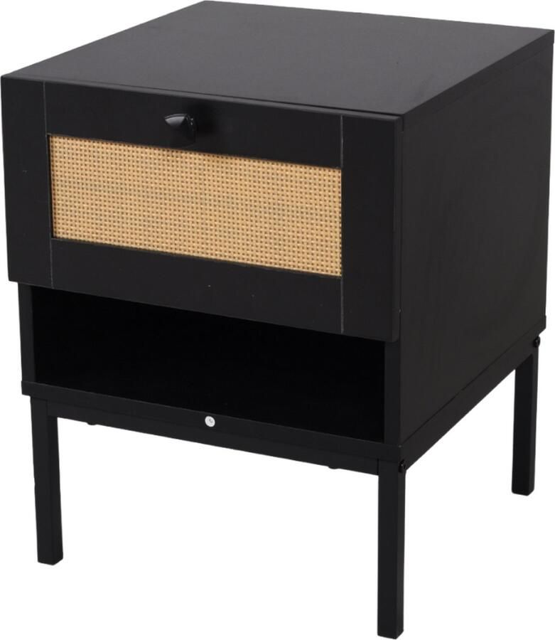 SensaHome Nachtkastje Japandi 4 Poten Antiek met Rotan Bovenkant 40x40x50cm- 8.7 kg Zwart