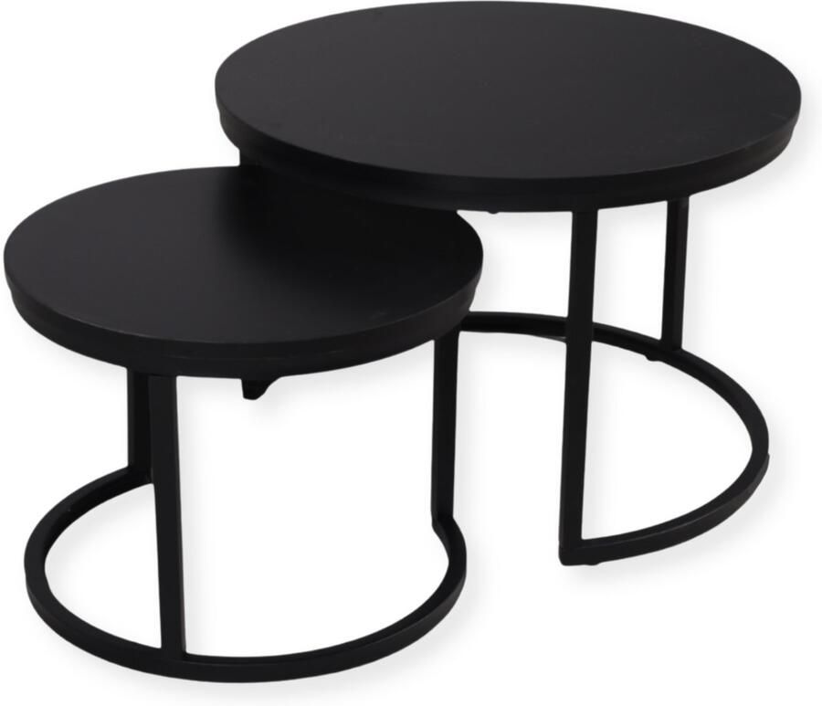 SensaHome Salontafel Set Rond Antieke Ronde Houten Tafelset Grote Tafel 58x40cm Kleine Tafel 43x33cm Zwart